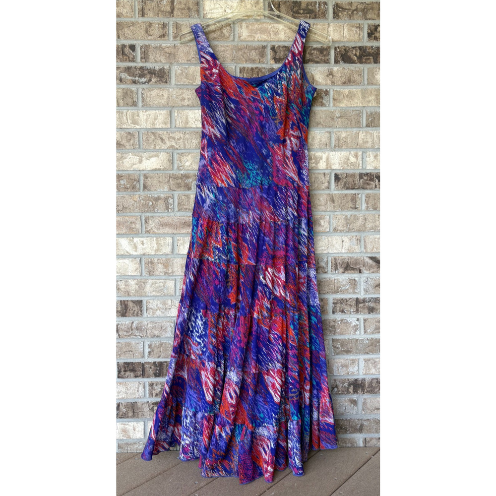 Kasper Tie Dye Maxi Dress Tiered Sleeveless Tank Chiffon Summer A Line Abstract